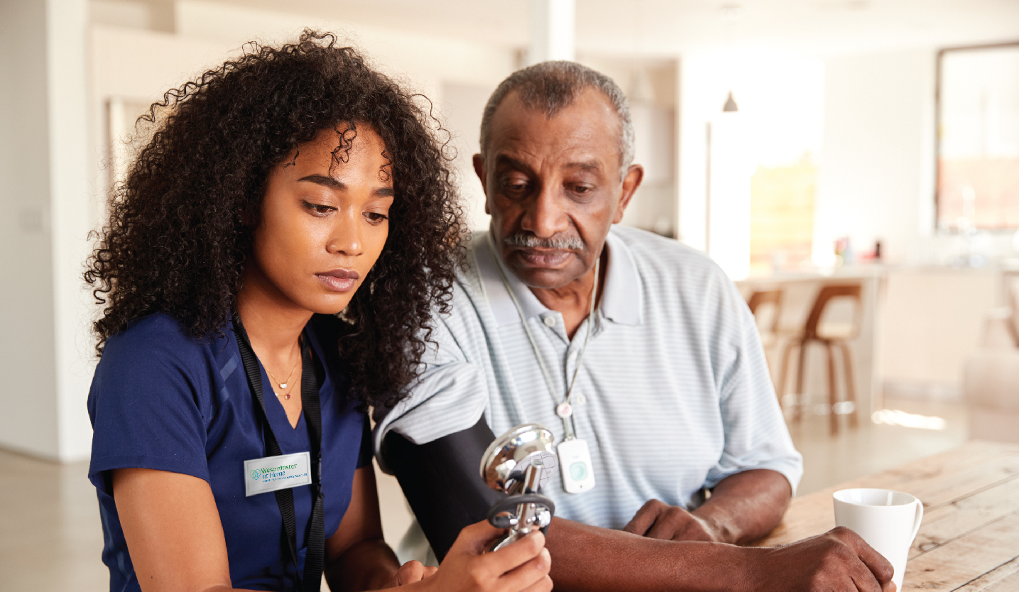 Westminster at Home nurse checking senior patients blood pressure
